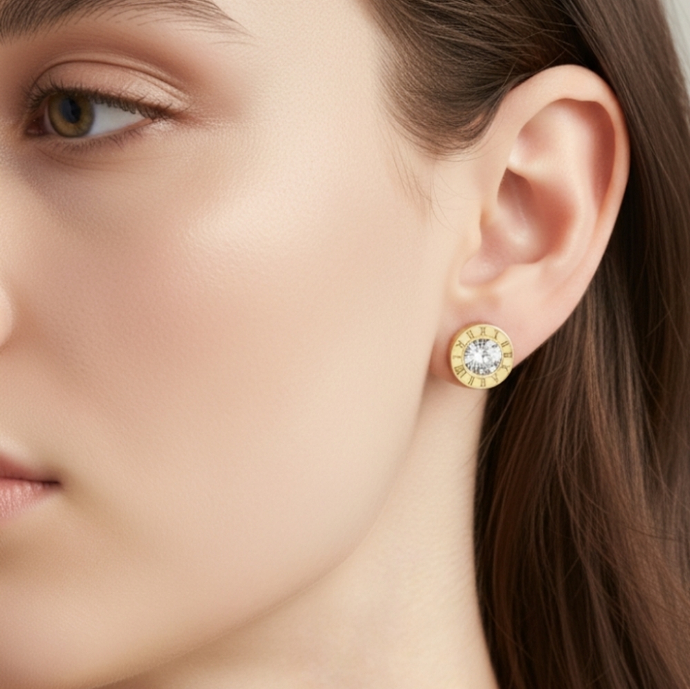 Stainless steel stud earrings, unisex gold-tone earrings with round cubic 10mm